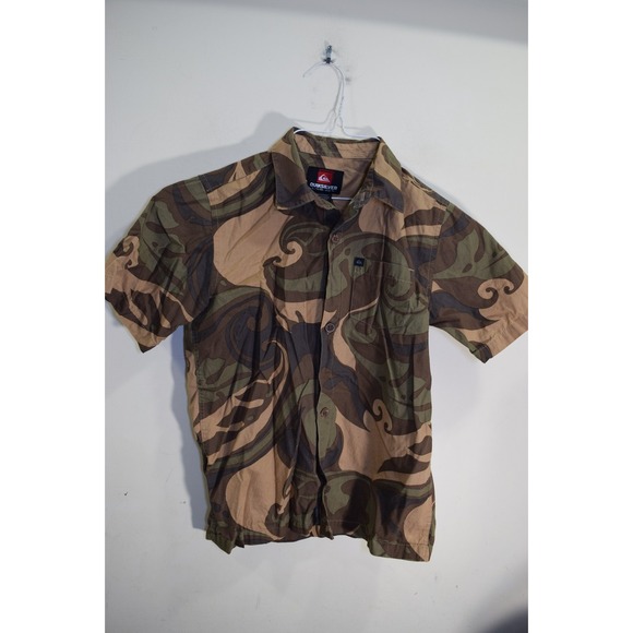 Quiksilver Shirt Camo Brown Green Short Sleeve Button Up Pocket Outdoor BOYS 7 - Picture 1 of 10